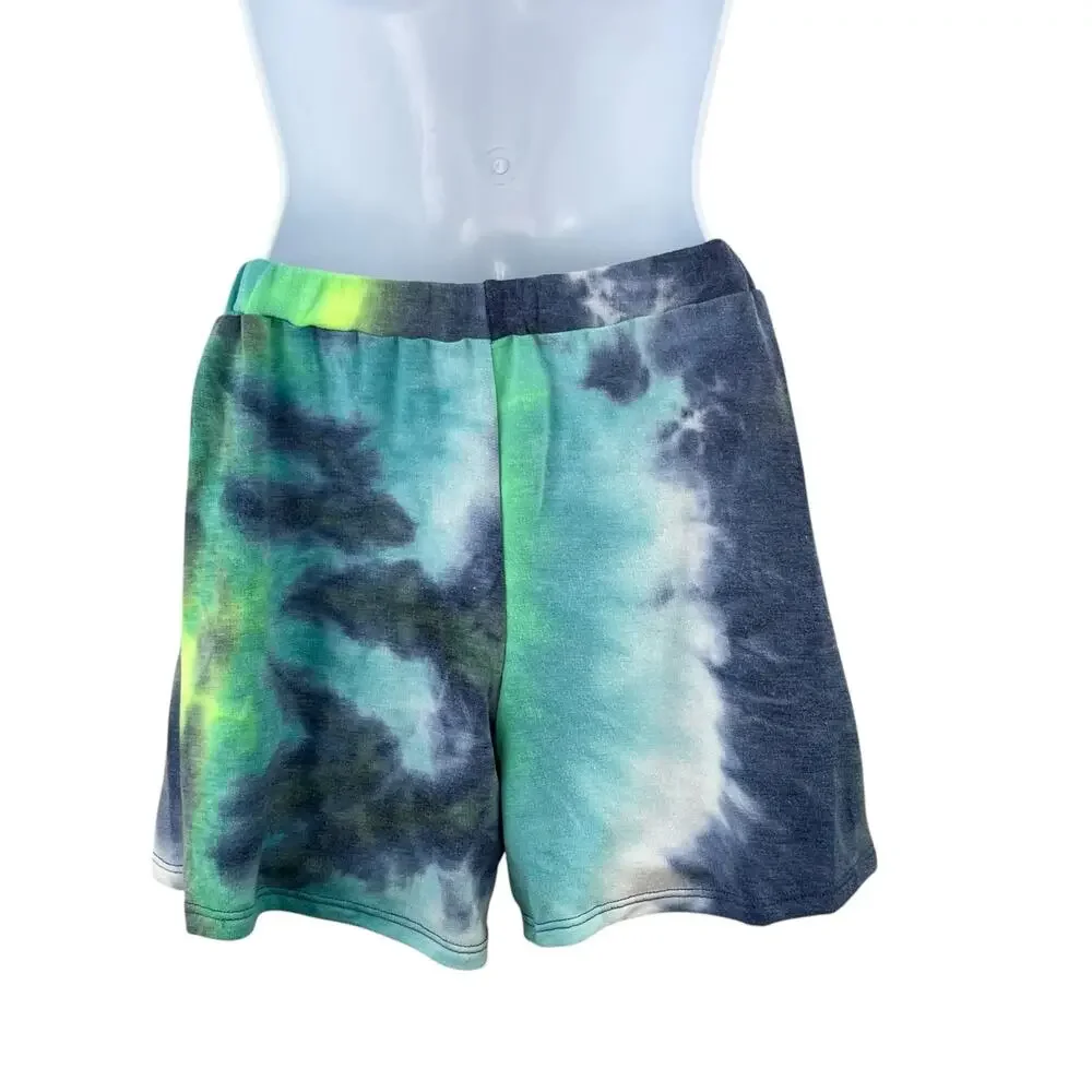 New Shopin LA Blue Green Multi Tie Dye Elastic Waist Sweat Shorts L Gorpcore